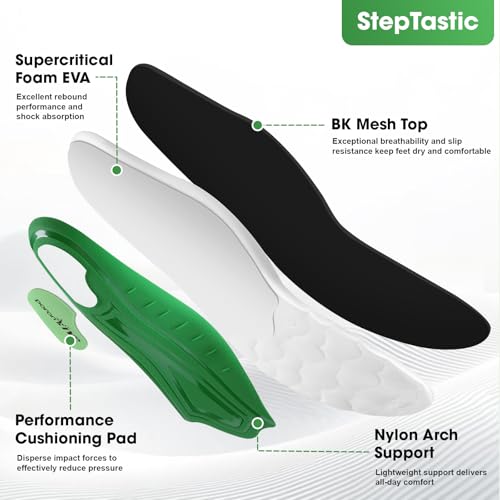 StepTastic Supercritical Foam Insoles for Men Women, Arch Support Orthotics for Plantar Fasciitis Flat Feet Pain Relief, Shock Absorption Boot Inserts, Trimmable, M 9.5-10.5 W 10.5-11.5, 1 Pair