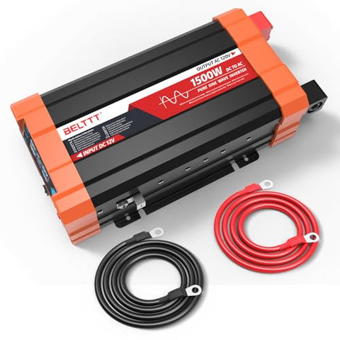 BELTTT 1500W Pure Sine Wave Inverter 12V to 120V AC, Car Power Inverter 12V to 110V Converter for RV, Truck, Solar, Off-Grid with Dual AC Socket, 5V 2.1A USB, Surge 3000W, Smart LCD Display