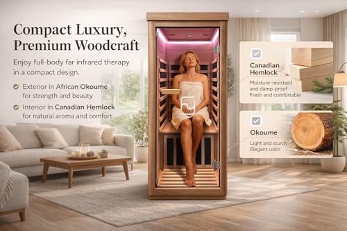 Haoyao Indoor Infrared Hemlock & Okoume 1100W 1-Person MINI Sauna with LED Lights, Bluetooth Speakers – A Gift for Parents or Friends