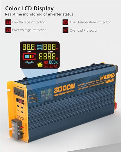 MWXNE 3000W Pure Sine Wave Power Inverter DC 12V to 110V 120V with Fast Charging Type-C& 3 USB Ports LCD Display Remote Controller Power Inverters for Vehicles,RV,Truck,Home,Off-Grid Solar System