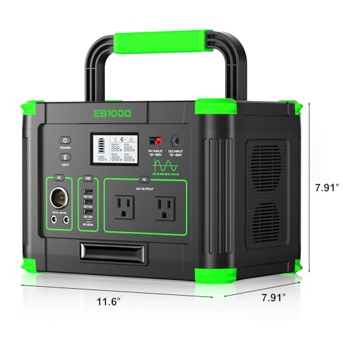 Portable Power Station 1000W (Peak 2000W), 999Wh Solar Generator, 110V Pure Sine Wave AC Outlet with PD 60W USB-C Fast Charging, Outdoor Camping RV Van Home Backup Off-Grid Living