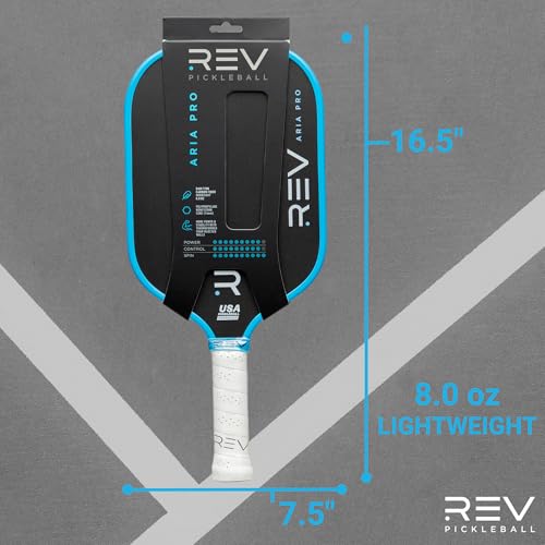 Rev Pickleball Pro-Performance Paddle - Pickleball Racket - Carbon Fiber Face - Thermoformed with Foam-Injected Walls - 14mm - 16.5"x7.5"- 8oz - USA Pickleball Approved - Aria Pro (Blue)