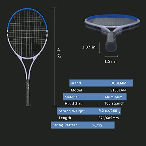 Tennis Racket Pre-Strung Lightweight 27 Inch Racquet Recreational Adult Rackets for Men Women Students Training Tennis Starter Kit with Balls,Carry Bag and Overgrips (Blue/White - 2 Rackets)