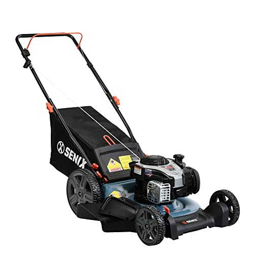 SENIX LSPG-M7 21'' Gas Push Lawn Mower, with 140 cc 4-Cycle Briggs & Stratton Engine, 3-in-1 Bagging, Mulching, and Side Discharge, 6-Position Dual Lever Height Adjustment, 16 Gallon Grass Bag
