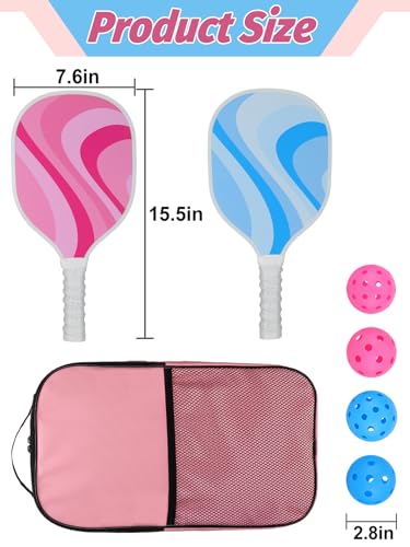 Cute Pickleball Set of 2 Paddles - Pink & Blue Lightweight Pickleball Rackets with 2 Indoor and 2 Outdoor Balls, 1 Portable Bag, for Beginner Youth Women Couple Gift