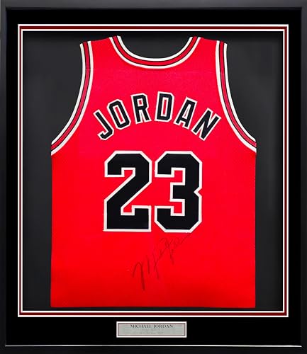 Michael Jordan Autographed Framed Red Authentic Basketball Jersey Vintage Signature PSA/DNA & Beckett BAS #AE07407