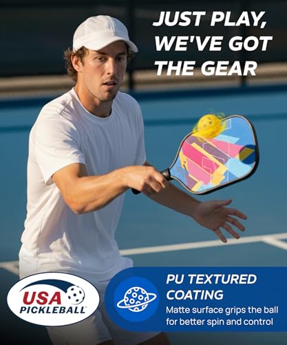 Pickleball Paddles Set of 2, Fiberglass Pickleball Set, Durable & Lightweight USAPA Approved Pickle Ball Rackets 2 Pack Pickleball Gifts for Women with Bag & Outdoor Balls for Men Beginner Kids Adults