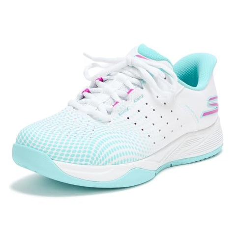 Skechers Women's Viper Court Reload Hands Free Slip-Ins Pickleball Sneaker, White/Turquoise/Pink, 8
