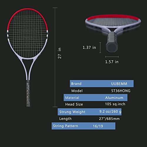 Tennis Racket Pre-Strung Lightweight 27 Inch Racquet Recreational Adult Rackets for Men Women Students Training Tennis Starter Kit with Balls,Carry Bag and Overgrips (Red/White - 2 Rackets)