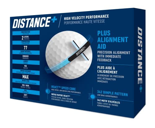 TaylorMade Distance+ Golf Balls, High-Velocity Performance, React Speed Core, Extended Flight Dimple Pattern, 12 Count, White