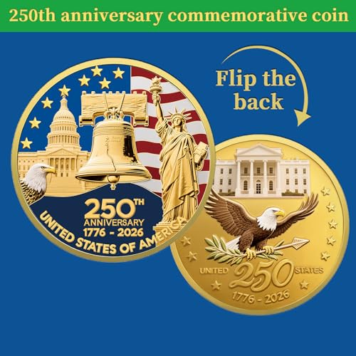 Upgrade 1.77-inch 250th Anniversary Commemorative Coins - Golden American Flag & Liberty Bell Design Collectible Coins, Durable Metal Anniversary Coins for Display, Collectors & Gift Idea (L-1PCS)