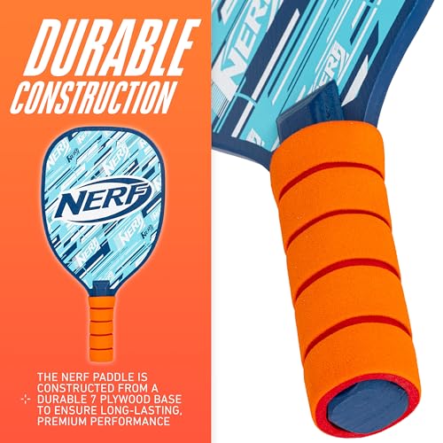 NERF 2 Player Pickleball Paddle Set - Youth Pickleball Equipment Set - (2) Wooden Paddles with Foam Grips + (2) Outdoor Balls for Kids - Carry Bag Included