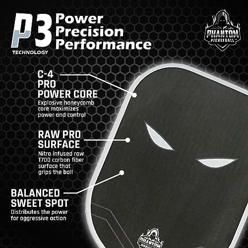 Phantom Pickleball Paddle Trinity 14mm - Carbon Fiber - USA Pickleball Approved - Max Grit and Spin Elongated Body Pickle Ball Paddle - Lightweight Pickleball Racket with C4 Polypropylene Core