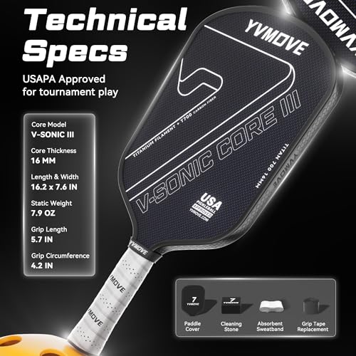 Pickleball Paddles for Advanced Players | Control & Power | Ti-Carbon Hybrid Face | V-Sonic III Kinetic Core 16MM | Large Sweet Spot | Mid-Weight | Extended Grip | USAPA (Black)