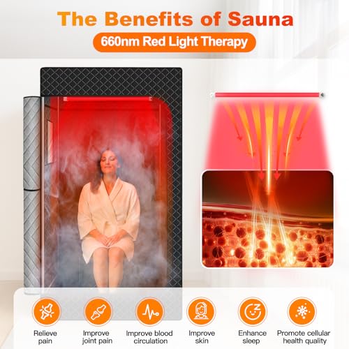 Home Sauna Portable with 660nm Red Light Therapy, Sauna Box for Detox & Muscle Recovery, Infrared Saunas for Home 1000W Rapid Heating, Remote Control & Foldable Chair 71”x 36”x 49”, 9 Timer Setting