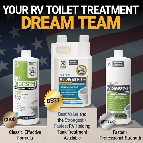 Unique RV Digest-It Ultra RV Toilet Treatment, 32 Uses, Super Concentrated, Eliminates Smells, Liquifies Waste, Easy-Measure Preventive Bio-Enzymatic Holding Tank Treatment, Package May Vary (32 oz)
