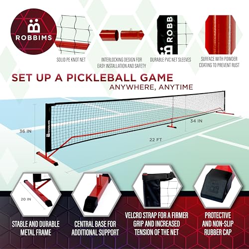 ROBBIMS Portable Pickleball Set with Net | 4 USAPA Approved Carbon Fiber Paddles, Duffle Bag, Regulation Size Pickleball Net System, Assembly Manual, 8 Outdoor Balls, Court Marker Kit and Carry Bag