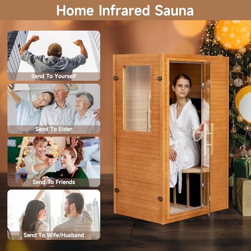 Real Relax Infrared Sauna 1 Person, Indoor Infrared Saunas for Home, Canadian Hemlock Wooden Dry Sauna, 950W 120V with Foot Warmer and 6 Heaters Panels, Compact Spa Room, 27.3"x33"x59"