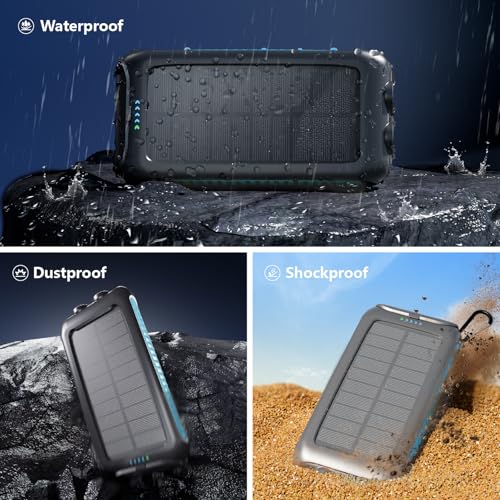 Solar Charger Power Bank 49800mAh Portable 15W Fast Charging Power Bank with QC3.0 USB-C & Dual USB-A Ports for Cell Phones, LED Flashlight, Carabiner, Waterproof Solar Panel for Camping, Outdoor