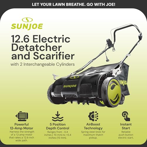 Sun Joe Corded Electric Dethatcher & Scarifier with 8-Gal Bag, 12.6-Inch Cutting Width, 12-Amp Motor - Heavy-Duty Yard Trimmer for Gardening Care and Lawn Maintenance, AJ801E