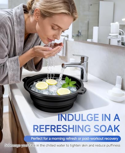 Face Bowl for Ice with Built-in Ice Tray – Collapsible Silicone Facial Ice Bath Bowl for Cold Plunge Therapy, Skin Tightening & Acne Relief – Portable Spa Tool for Home & Travel(Black)