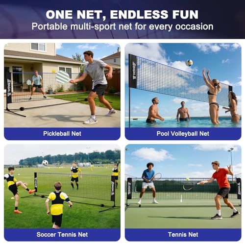 BAGAIL All-in-1 Badminton Net, Height Adjustable (Up to 5.1') Kids Volleyball Net, Quick Setup Sports Net with Portable Bag for Pickleball, Tennis, Pool, Backyard & Indoor Games - 14ft, Blue