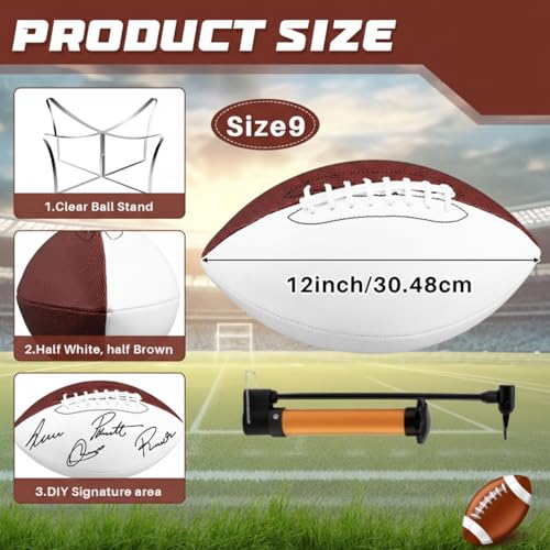 Hiboom Autograph Football with Acrylic Display Stand Air Pump Blank Gold Football for Trophy Anniversary High School College Coaching Gift Award Championship Party(1 Pc,White, Brown,Size 9)