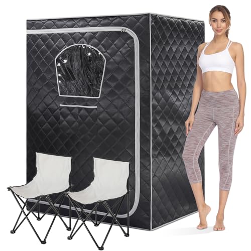 Gollense 2 Person Sauna Portable Steam Sauna Tent with 2 Folding Chairs, Full Size at Home Steam Box for Relaxation Indoor Personal Home Spa, Steamer NOT Included, Black