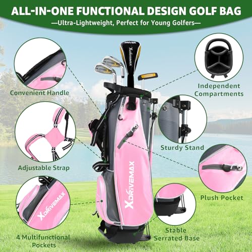 XDriveMax 5 Pieces Kids Golf Club Set, Junior Golf Club Set Ages 5-8 Includes Stand Bag, 5# Hybrid, 6/7#, 9/P# Irons and Putter Right Hand for Boys Girls,Pink
