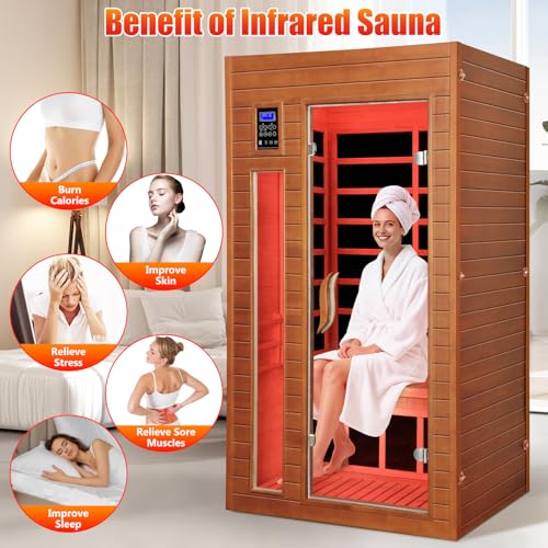 X-Vcak 1-2 Person Infrared Sauna, Dry Heat Sauna with Red Light Therapy, Bluetooth, Radio, 7-Color Therapy Light for Home, Indoor, Gym, Wellness Center, 36″ x 36″ x 73″