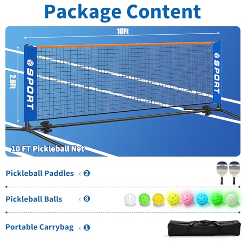 Furypiont 10 FT Mini Portable PickleballNet Equipment Set - Tennis Net for Driveway Backyard, 2 Pickleball Paddles, 8 Pickleballs and Potable Carry Bag,Pickleball Net for Beginner