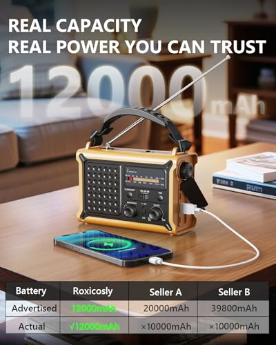Emergency Weather Radio with Large Solar Panel, Efficient Hand Crank & Real 12000mAh Battery | AM/FM/NOAA Bands, LED Flashlight, Reading Lamp, SOS Alarm & Phone Charger for Camping, Blackout, Survival
