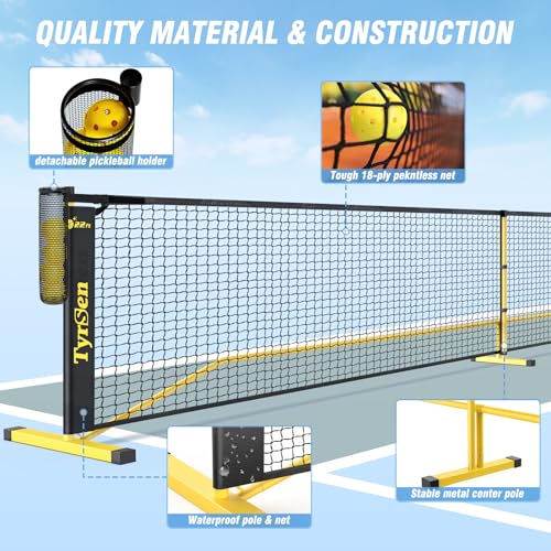 TYRSEN Portable Pickleball Net for Driveway, 22 FT Regulation Size & 11 FT Half Court Size Pickleball Net with Ball Collector, 2-in-1 Pickle Ball Net with Carry Bag for Outdoor Indoor Garages