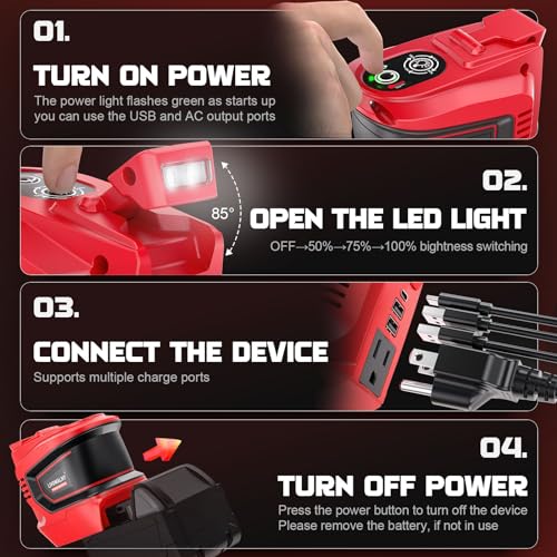 Real 200W Power Inverter Compatible with Milwaukee, DC 18V to AC 110-120V Battery Inverter, Portable Power Station Generator, Charger Adapter Battery Powered with 2 USB & 1 Type-C & 1 AC Outlet
