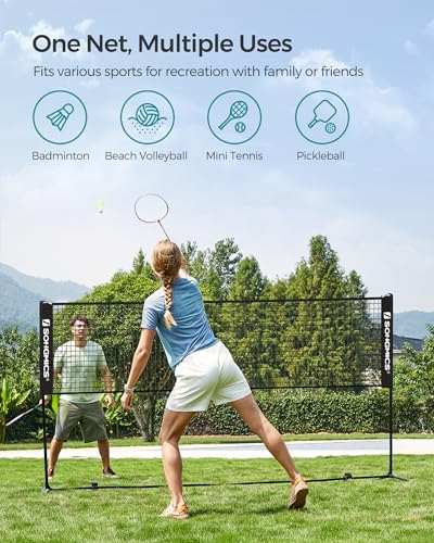 SONGMICS 10 ft Badminton Net, Height Adjustable Volleyball Net, Pickleball Net with Poles, Foldable Nylon Net for Tennis Indoor Outdoor Court, Black USYQ300HV1