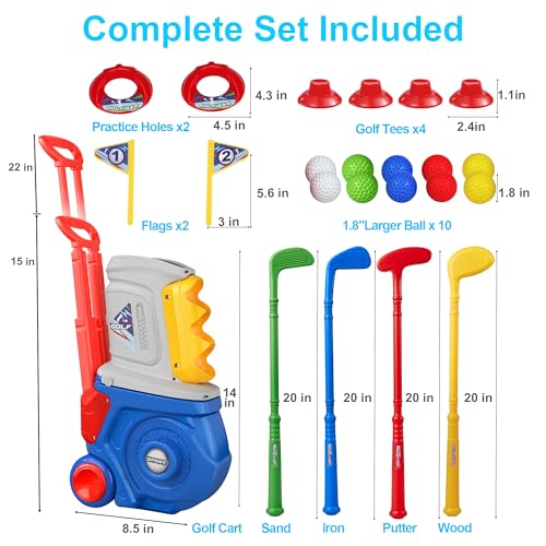 LPFG Toddler Golf Set, Kids Golf Set for Ages 1 2 3 4 5 Years Old Boys Girls with 4 Plastic Golf Clubs 10 Balls, Indoor Outdoor Baby Toddler Golf Clubs Set Toy with Cart Birthday Gifts Blue