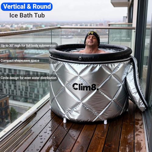 Clim8 Insulated Cold Plunge Tub: Combining an XL Ice Bath Tub & a Thermal UV-Reflective Cover for Indoor and Outdoor Use,Portable Icy Tub with Dual Drain Systerm for Fast and Easy Drainage