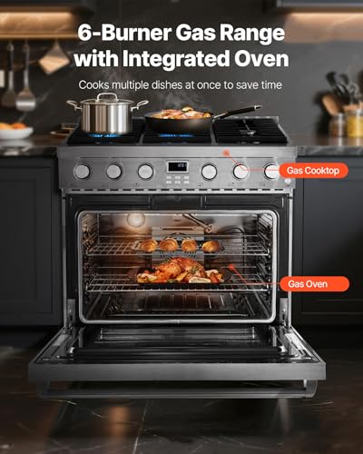 VEVOR Gas Range Oven, 36 Inches Width, Freestanding Stainless Steel Stove and Oven with 6 Sealed Cooktop Burners, Easy Reach Racks, Halogen Light, 6.0 Cu. Ft. Capacity, for Home Apartment Kitchen