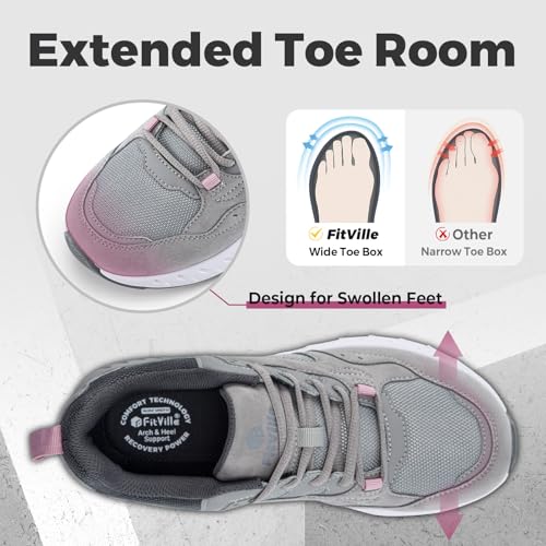 FitVille Womens Wide Width Sneakers Extra Wide Walking Shoes for Women for Flat Foot Plantar- Rebound Core V9 (7.5 X-Wide, Dove Grey)