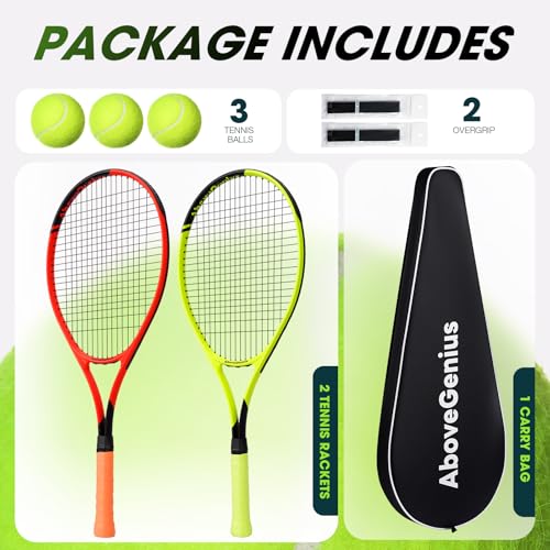 AboveGenius Neon Yellow & Orange Tennis Rackets 2 Pack for Adults - 27" Lightweight Aluminum Tennis Racquet Set with 3 Balls & Bag - Vibrant High-Visibility Matte Finish for Men Women Beginners