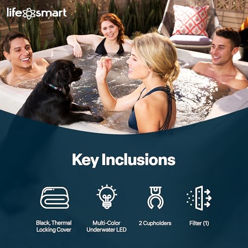 LifeSmart 4-Person Plug & Play Square Hot Tub with Thermal Cover, Sand - Home Outdoor Backyard Spa with 13 Jets and Underwater LED Light