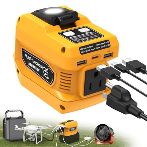 220W Power Inverter Compatible with Dewalt 20V Battery, DC 20V to AC 110V Inverter, Portable Power Station Generator with 1 AC Outlet, 2 USB Ports & 1 Type-C Fast Charging, 400LM LED Work Light