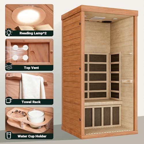 Polar Aurora 1- Person Infrared Sauna, Remotely Controllable Indoor Sauna, Low EMF 1200W/120V LCD Heater, WiFi & BT Control, 9-Color Light Therapy, Safe Flame-Retardant Material, Wood