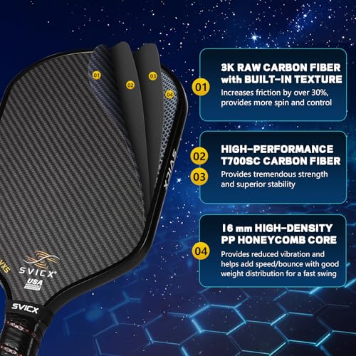 SVICX Pickleball Paddles,Carbon Fiber Pickleball Paddle,16mm - High Performance,USAPA Approved,Extended Handle for Two-Handed Grip,Enhanced Control & Power (3K+T700 Carbon Fiber (Black))