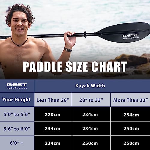 Best Marine and Outdoors Kayak Paddle, Carbon Fiber Shaft & Fiberglass Reinforced Polypropylene Blades, 220cm, 234cm, 250cm, Lightweight Kayak Paddles for Adults (Black, 220 CM)