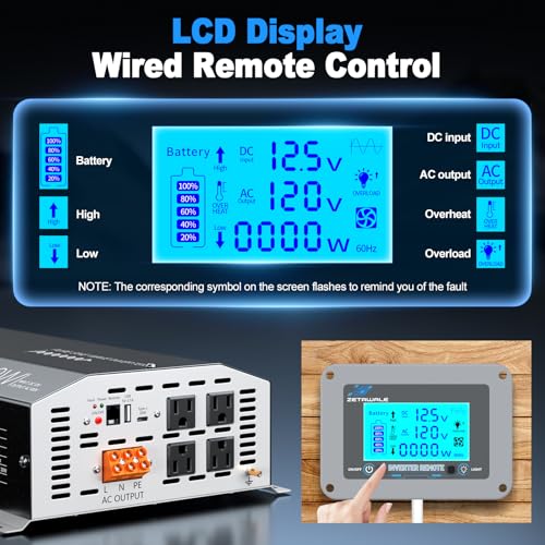 3000 Watt Pure Sine Wave Inverter 12v DC to 110v 120v AC Converter,6000W Peak Power Inverter with 4 AC Outlets,USB Port,Type-C,Remote Control LCD Display for Truck, RV, Vehicles, Solar Off-Grid