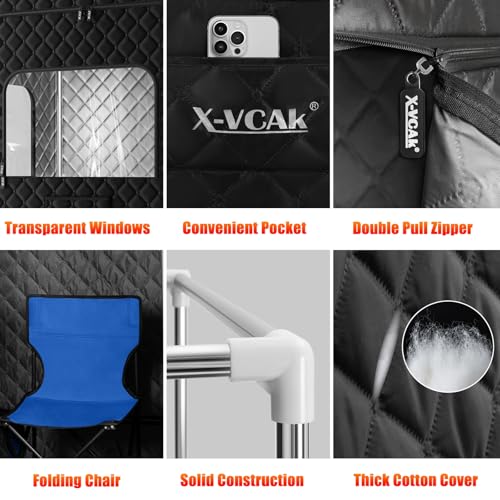 X-Vcak 2 Person Sauna, Extra Large Sauna Box, Portable Steam Sauna Tent with 2 Steamers, 2 Folding Chair, 71”x 49”x 36”, Black