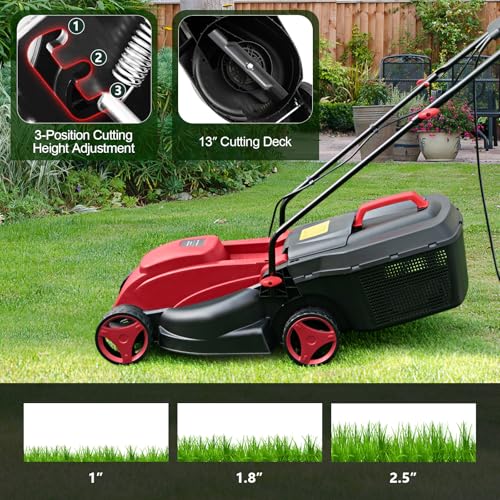 Toolsempire Electric Lawn Mower, 13" Corded Lawnmower with 10 Amp Copper Motor, 6.6-Gallon Grass Collection Box & 3-Position Heights, Push Lawn Mower Electric De-Thatcher for Garden & Farmyard (Red)