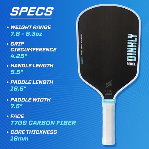 DINKLY Radial Pro Pickleball Paddle, T700 Raw Carbon Fiber Thermoformed with Foam Injected Walls, USAPA Approved Pickle Ball Racket, Engineered for Maximum Spin & Consistency (16mm Hybrid)