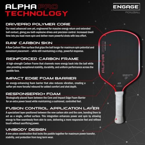 Engage Pursuit Alpha Pro 16mm Pickleball Paddle - Raw Carbon Fiber Face, 8.0 oz Elongated Control Paddle for All-Court Play (Red Flare)